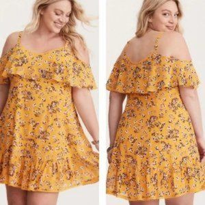 Torrid Yellow Floral Print Chiffon Cold Shoulder Trapeze Dress size 00